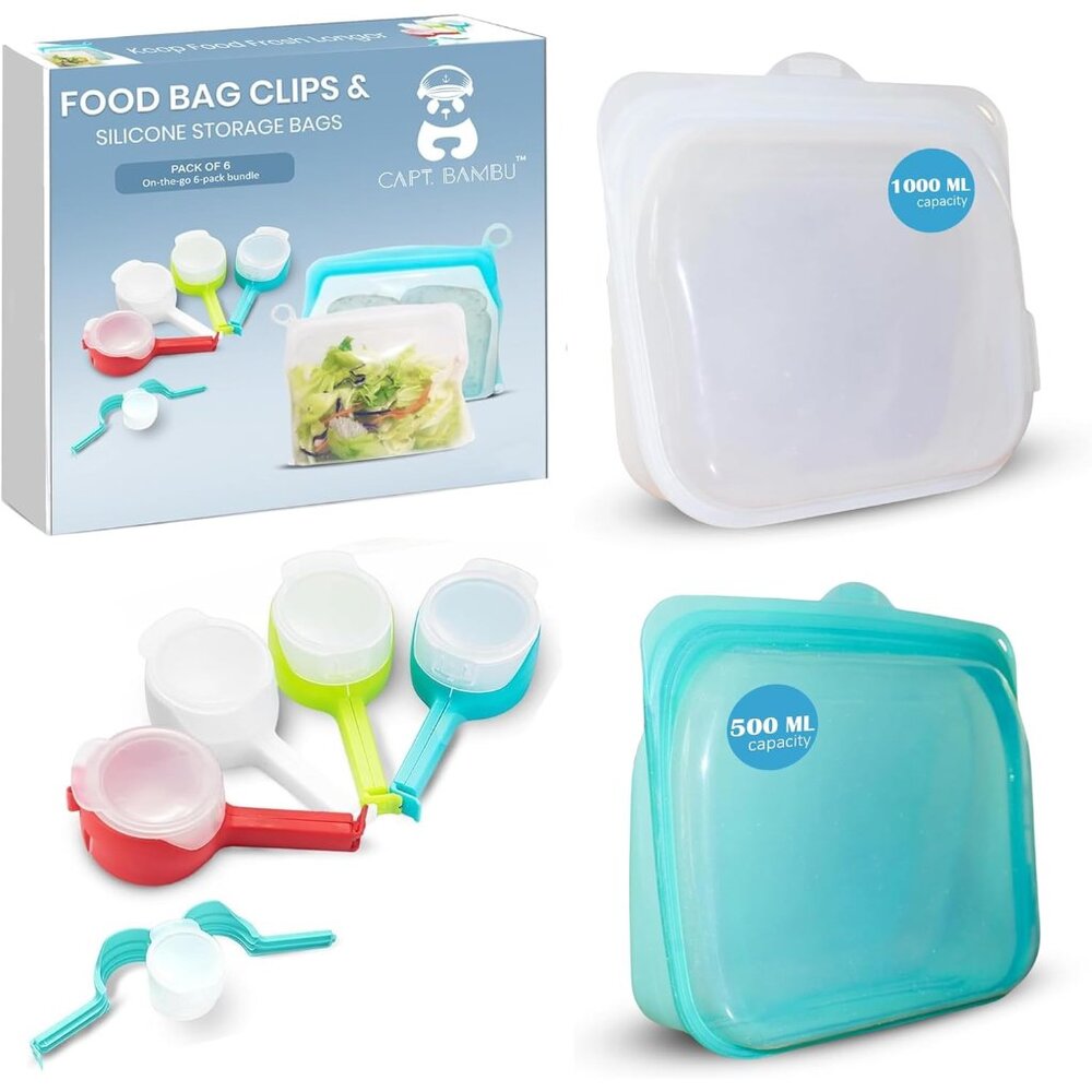 Silicone Food Storage Bags & Bag Clips with Pour Spout - Pack of 6 - Reusable, B